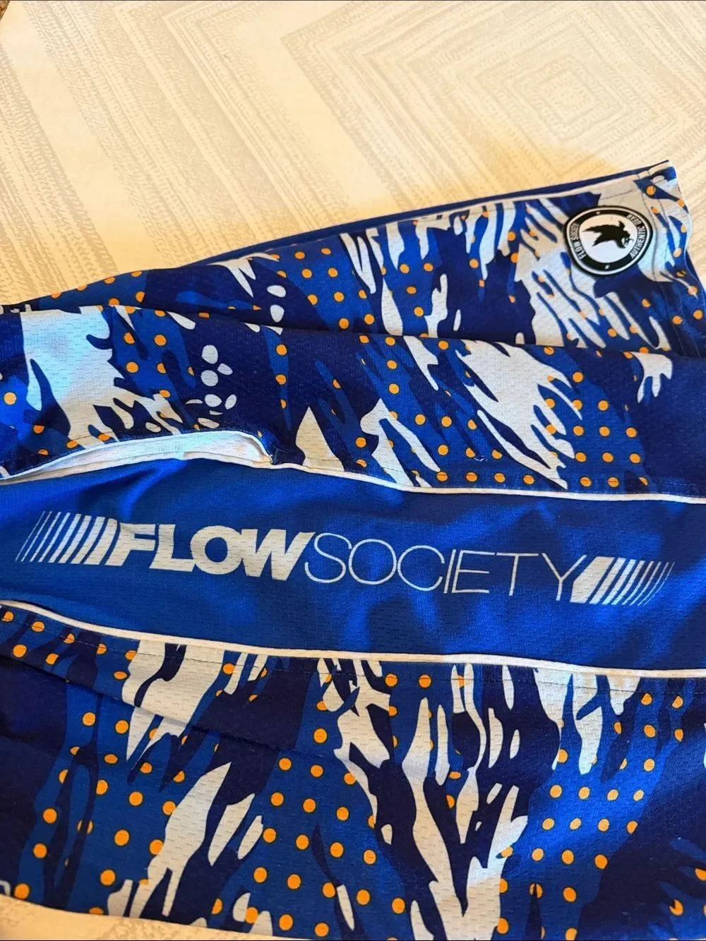 Flow Society Boys Medium Blue Athletic Shorts White Design & Orange Polka Dots